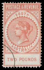 South Australia - 1886-96 'POSTAGE & REVENUE' Perf 11½-12½ £2 Venetian red SG 200a, CTO with quarter-circle, Cat £500. [Michael Blake's example sold at our auction of 30.6.2016 for $520] In 1903, all mint remainders of the 'POSTAGE & REVENUE' series were