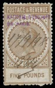 South Australia - 1886-96 'POSTAGE & REVENUE' Perf 11Â½-12Â½ Â£5 brown with 'NATIONAL D'ESCOMPTE/DE PARIS' handstamp & manuscript date "17.9.98", small faults. An attractive fiscal usage. [Most examples of all the high values have had fiscal cancels remov