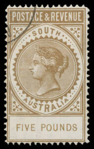 South Australia - 1886-96 'POSTAGE & REVENUE' Perf 11½-12½ £5 brown SG 205, CTO with quarter-circle with the 'M' of 'MELBOURNE' Present, large-part o.g., Cat £1000. [Michael Blake's example - standard cancel - sold at our auction of 30.6.2016 for $1984]