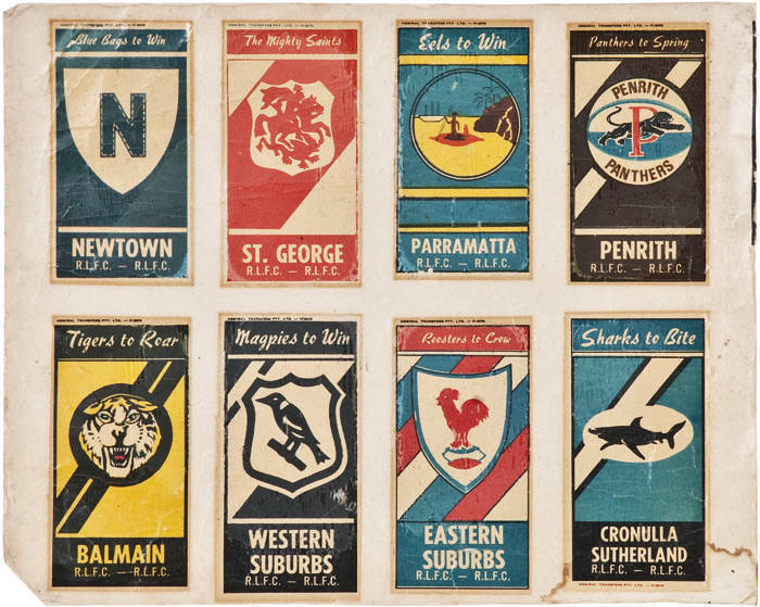 c1970 Admiral Transfers "NSWRL Club Mascots Decals" (8) - Balmain, Cronulla Sutherland, Eastern Suburbs, Newtown, Paramatta, Penrith, St.George, Western Suburbs. Fair condition (stuck down on page). Scarce.