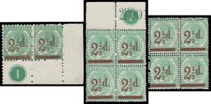 South Australia - 1891-93 Surcharges '2½d.' on 4d green including Perf 10 block of 48 (6x8, most units unmounted), Perf 10x11½x10x10 mint x2, Closer Fraction SG 233b in block of 4, block of 4 with Major Double Perfs, and covers to USA, Austria (faults), G