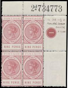 South Australia - 1902-04 Thin 'POSTAGE' Perf 11½-12½ 9d reddish pink upper-right corner block of 4 with Plate Number '1', Sheet Number '2d 734773' and Error of Watermark 'SUOTH' BW #S27a/zb, ink notation in the margin, mounted in the margins only, Cat $7