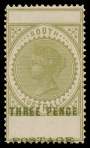 South Australia - 1902-04 Thin 'POSTAGE' Perf 12 3d olive with 'POSTAGE' & 'THREE PENCE' Grossly Misplaced resulting in Blank Tablets BW #S19c, a little aged, lightly mounted, Cat $750. RPSofV Certificate (1984). [Michael Blake's very fine example sold at