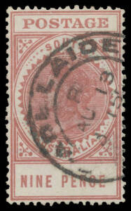 South Australia - 1904-11 Thick 'POSTAGE 9d deep rosy lake with the Watermark Inverted BW #S49a, Adelaide cds, Cat $750. [The ACSC states "Only several used examples...have been recorded..."]