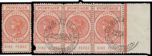 South Australia - 1904-11 Thick 'POSTAGE 9d brown-red on Crown/SA Paper with the Watermark Inverted BW #S50a mint single & a defective used strip of 3 with North Adelaide cds of 2NO11, Cat $650+. [This printing was an anomaly, being made in 1911 to use up