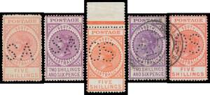 South Australia - OFFICIAL PUNCTURES: Range of "Long Toms" with Crown/SA punctured 'SA' 6d mint & used x3 (one with Inverted 'SA'), 9d mint, 1/- mint with the Watermark Inverted, 2/6d used and 5/- mint & used x2, and punctured 'OS' 6d mint & used, 8d used