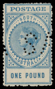 South Australia - OFFICIAL PUNCTURES: Punctured 'SA': Thick 'POSTAGE' 3d 4d 6d 9d (unmounted) 1/- 2/6d 5/- (a bit down on condition) & £1, large-part o.g., and an unmounted 1d block of 9. Very scarce. (17)