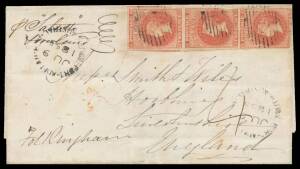 Postal History (South Australia) - Useful group including 1855 to GB "pSalsette" with 2d SG 2 strip of 3 (one huge unit, the others a bit cut-into), 1867 to GB with 'VIA/MARSEILLES' embossed ribbon & 'TEN PENCE' in Blue on 9d yellow, 1870 to GB with Roule