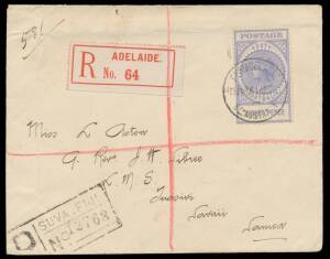Postal History (South Australia) - 1910 to a missionary at "Tuasivi/Savaii/Samoa" with scarce franking of Thin 'POSTAGE' 8d ultramarine tied by Adelaide cds with red/white registration label alongside, 'SUVA, FIJI/REGISTERED' transit b/s & boxed registrat