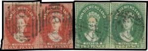 Tasmania - 1855 London Printings with Large Star Wmk 1d carmine, 2d green, 4d deep blue & 4d blue SG 14 & 16-18 horizontal pairs, generally very fine but the margins a bit deficient in places, Cat £3200+. Scarce multiples. (4 pairs)