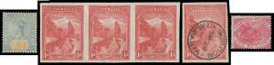 Tasmania - 1892-99 Tablets ½d to £1 SG 216-225, some hinge remainders; 1899-1900 Pictorials blocks of 4 to 4d (two units *), 5d strip of 3 & 6d marginal pair all unmounted plus 1d imperf plate proof strip of 3 (no gum) & Crown/A 1d imperf single with 'GOR