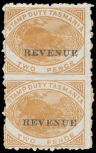 Revenues (Tasmania) - STAMP DUTY: 1900 'REVENUE' Overprint 2d chestnut vertical pair Imperforate Between, large-part o.g. Rare: unlisted at Elsmore Online. Ex Charles & Francis Kiddle. [Dave Elsmore does list horizontal pairs imperforate vertically]