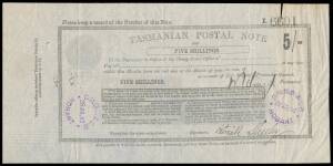 Revenues (Tasmania) - POSTAL NOTES: 1890 Curved 'TASMANIAN POSTAL NOTE' 5/- in Black on Stamp Paper with Double-Lined '2' Watermark, 'TASMANIAN POSTAL NOTE/POUNDAGE/TWOPENCE' lightly printed in grey at upper-left, very fine strike of the unframed 'CMOO & 