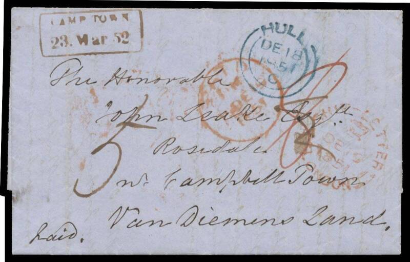 Postal History (Tasmania) - 1851 stampless entire from GB with 'HULL/DE18/1851' cds in blue & 'SHIP-LETTER/[crown]/DE19/1851/ =LONDON=' cds in red, Tasmanian boxed 'SHIPLETTER/21MA21/1852' transit b/s & very fine boxed 'CAMP TOWN/23 Mar 52' arrival datest