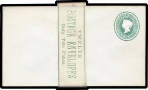 Postal History (Tasmania) - ENVELOPES: 1883 2d green HG B1 complete pack of 12 with the Post Office band inscribed 'TWELVE/POSTAGE ENVELOPES/Duty Two Pence'. Rare & desirable.