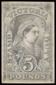 Victoria - 1884-96 Large Stamp Duty £5 hand-drawn stamp-size essay in pencil & watercolour wash on thin card, very similar to the approved version in which a number of design elements - lettering, numeral, corner & side ornaments - were changed. Ex JRW Pu