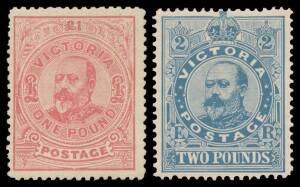 Victoria - 1905-12 Crown/A £1 rose & £2 blue - exceptional centring - BW #V127C & 132 (SG 431a & 432), Cat $1100 (£1100).