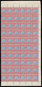 Victoria - POSTAGE DUES: Â½d blue & claret BW #VD1 (SG D1) marginal block of 30 [L37-41/97-101] from the left of the sheet; Â½d deep blue & bright claret with the Watermark Inverted BW #VD1Ba (SG D1a) half-sheet of 60 [7-12/115-120] with margins on three 