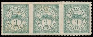 Victoria - RAILWAY STAMPS: 1876 'VICTORIA/ECHUCA' 1d green horizontal strip of 3 Imperforate Vertically between the Units, additionally originally Imperf at the Top but patched from behind & then perforated, the units separated with a knife - causing trim