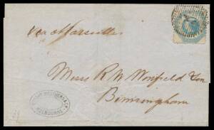 Postal History (Victoria) - 1861 (Jan 25) outer to GB "Via Marseilles" with very fine Perf 12 1/- Octagonal tied by "killer" '1' of Melbourne (b/s in red), 'BIRMINGHAM/MR17/61/ 3 ' arrival b/s.