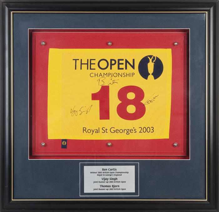 2003 BRITISH OPEN, display comprising signatures of Ben Curtis, Vijay Singh & Thomas Bjorn on 18th Hole Flag from 2003 British Open Championship, window mounted, framed & glazed, overall 82x80cm. With CoA.