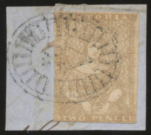 Postmarks (Victoria) - BARRED OVALS: '10' of Kilmore light but obvious strike tying Half-Length 2d SG 17d (Cat Â£190) to small piece.