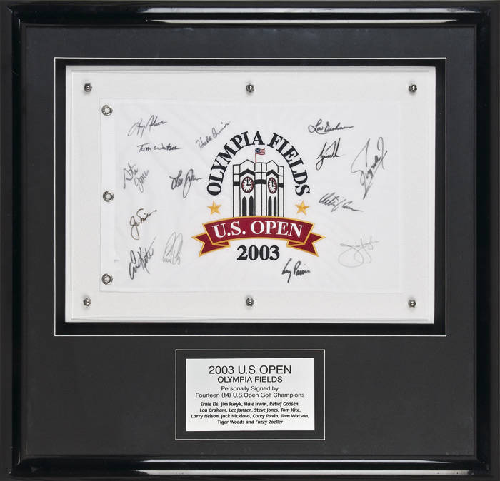 2003 US OPEN, display comprising "Olympia Fields/ US Open/ 2003" flag with signatures of 14 US Open Golf Champions - Ernie Els, Jim Furyk, Hale Irwin, Retief Goosen, Lou Graham, Lee Janzen, Steve Jones, Tom Kite, Larry Nelson, Jack Nicklaus, Corey Pavin,