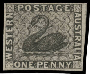 Western Australia - 1854 Black Swan Imperf 1d black SG 1, margins close to large, professional repair at lower-left, unused, Cat £1400. David Brandon Certificate (2013).