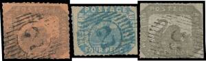 Western Australia - 1854-55 Lithographs Rouletted 4d blue SG 5a, superb '2' cancel in blue of Perth; 1857-59 Hillman Lithographs 2d brown-black/red & 6d grey-black SG 20 & 23, '2' or '8' cancels; Cat £3900. Offered "as is". [The bona fides of these stamps