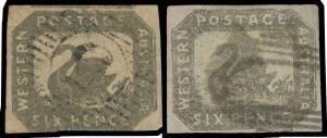 Western Australia - 1857-59 Hillman Lithographs Imperf 6d black-bronze SG 18 with virtually full margins - just shaved at the base - & a fragment of the adjoining unit above, "Snake on Breast" flaw; and 6d grey-black SG 19 with good even margins; Cat £120
