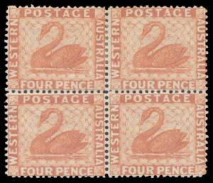 Western Australia - 1888 New Colours 4d brown-red SG 105 block of 4, large-part o.g. with the lower units being unmounted, Cat Â£320++ (mounted).