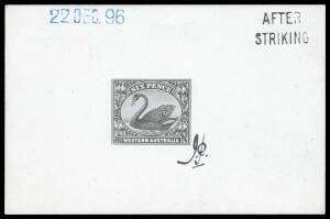 Western Australia - 1896 Proposed New Designs 6d die proof in black on glazed card (92x60mm) with '22DEC1896' and 'AFTER/STRIKING' Handstamps and initialled: see ACSC #W2DP(1)B, Cat $4000. [The ACSC states "only one example...can be traced"]