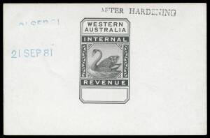 Western Australia - REVENUES: 1882 Internal Revenue master die proof for the pence values with blank value tablet in black on highly surfaced card (92x61mm) with '21SEP81' & 'BEFORE HARDENING' Handstamps. Superb! Ex De La Rue Archives. [Francis Kiddle's s