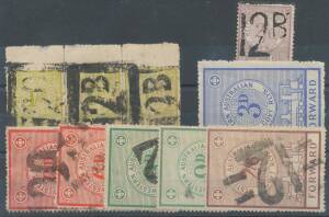 Western Australia - RAILWAY STAMPS: 1905-06 Small Design 1/- marginal strip of 3 & 2/6d; and 1907-23 Large Design 3d (**), 6d scarlet (2, shades), 9d emerald (2, shades) & 2/6d, generally very fine. (10)