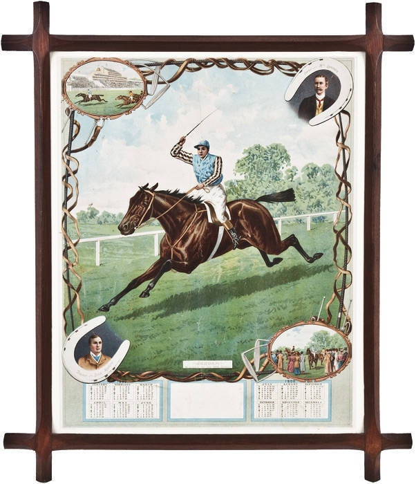 HORSE RACING FRAMES, noted 1884 colour supplement of jockey Fred Archer; newspaper engraving "The Derby 1888"; 1890 engraving "McQueen's Race Winners. Signorina"; colour calendar "Jeddah - Winner 1898 Derby" in blackwood art & crafts frame; painting "Hang