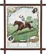 HORSE RACING FRAMES, noted 1884 colour supplement of jockey Fred Archer; newspaper engraving "The Derby 1888"; 1890 engraving "McQueen's Race Winners. Signorina"; colour calendar "Jeddah - Winner 1898 Derby" in blackwood art & crafts frame; painting "Hang