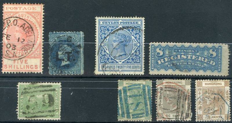 General & Miscellaneous - Sparsely popluated "Imperial" album but we noted Canada Registration 8c blue, Ceylon QV 2r25c, Hong Kong QV 24c with bold 'S1' cancel in blue, 48c brown SG 31 with 'HSB' perfin & French marine d/s in blue and 96c brown with 'F1'