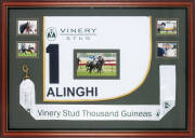 ALINGHI: Display comprising Thousand Guineas winner's lead, and No.1 saddlecloth, window mounted with five photographs, framed & glazed, overall 125x89cm. [Alinghi had 16 starts for a 10-3-2 record and prizemoney of $3,470,325. Her major wins were Blue Di