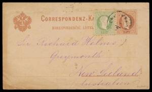 Austria - 1881 Franz Josef 2kr brown Postal Card with 3kr green tied by untidy 'CHOTEBORZ/13/7' cds, to "Sir Richard Helms, Greymouth, Neu-Seeland, Australien" with lengthy message in German requesting exchange of "Coleopteren" (beetles), 'NZ/CHRISTCHURCH