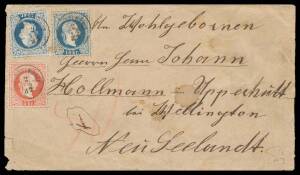 Austria - 1882 cover to New Zealand with Franz Josef 10kr blue x2 & 5kr red (corner fault) and light 'SPINDELMUHLE/2/10/82' thimble cds x3, rated "50" in red pencil on face, 'NZ/DUNEDIN/20NO82' transit and 'NZ/UPPER HUTT/22NO82' arrival on back, a few min