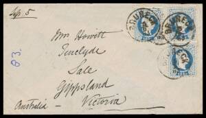 Austria - 1883 cover with Franz Josef 10kr blue pair & single tied 'BRUNECK/5/9/83' cds and original letter enclosed headed "Dietenheim", 'BRINDISI/8/9 83' and 'MELBOURNE' transits plus 'SALE/OC16/83/VICTORIA' arrival b/s, minor blemishes. [Dietenheim is 