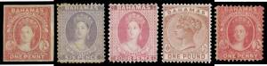 British West Indies - BAHAMAS: QV issues with 1860 Imperf 1d, No Wmk Perf 11½,12 1d SG 8 & Perf 13 6d SG 19a (Cat £2750 but a bit rough), CC 1d with the Watermark Reversed x6, 1863-80 CC Perf 14 1/- SG 39b, 1882 CA Perf 12 1d & 4d, Perf 14 1/- SG 44 & 44a