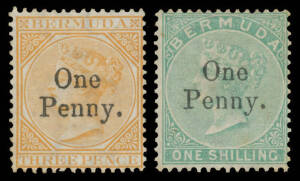 British West Indies - BERMUDA: 1875 Surcharges 'One/Penny.' on 3d & 'One/Penny.' on 1/- SG 16 & 17, unused, Cat £950. Separate BPA Certificates (2008).