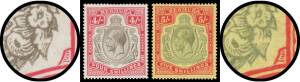 British West Indies - BERMUDA: 1918-22 KGV MCA High Values 4/- & 5/- both with Damaged Leaf at Lower-Right SG 52bf & 53df, the latter with some gum-toning, Cat £750.