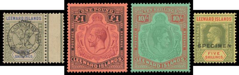 British West Indies - LEEWARD ISLANDS: Collection including 1890 QV set, 1897 Sexagenary set (the 5/- toned; David Brandon Certificate), KEVII issues complete, 1912-22 KGV MCA with shades to 5/- x3 & five values to 2/6d with 'SPECIMEN' Overprint, 1921-32