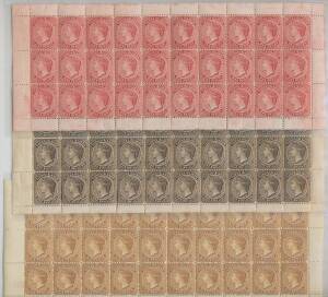 British West Indies - TURKS & CAICOS ISLANDS: 1887-89 CA Perf 14 6d & 1/- SG 59 & 60 and 1889-93 Perf 14 1d SG 62 complete sheets of 30 (10x3), the 1d with Throat Flaw [R3/4] SG 62b, virtually full o.g. with most units being unmounted, Cat £630++ (mounted