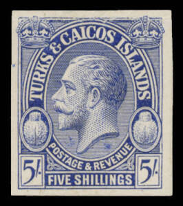 British West Indies - TURKS & CAICOS ISLANDS: 1928 'POSTAGE & REVENUE' imperforate plate proofs in blue on thin card comprising ½d to 3d & 5/- singles plus 1½d & 2d marginal strips of 3. Very attractive. (13 units)