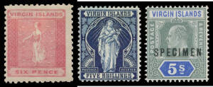 British West Indies - VIRGIN ISLANDS: Single volume collection with 1866 Perf 12 6d, 1867-70 Perf 15 1d x2 & 4d, 1887-89 CA 4d 6d & 1/- x2 each, 1899 set (no 7d), 1904 KEVII set & 'SPECIMEN' set, both KGV sets plus a few 'SPECIMEN' Overprints, 1938-86 iss