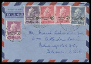 Christmas Island - 1959 commercial usage of 1954 Australian formular Territories 'AEROGRAMME' BW #FA3 to the USA with QEII 5c 6c 10c & 12c pair tied by #2 cds. [The ACSC states "Unstamped aerogrammes were introduced on Christmas Island on 22.12.1958. No e