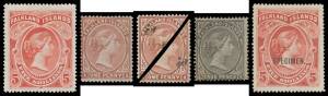 Falkland Islands - 1869-1902 QV Issues including cutouts of both Franks, No Watermark set (unused), Wmk CA Sideways 1d & 4d, '½d.' on Bisected 1d both halves, 1891-1902 shades including 4d SG 32 unmounted marginal block of 4, 1898 2/6d & 5/- + 5/- with 'S